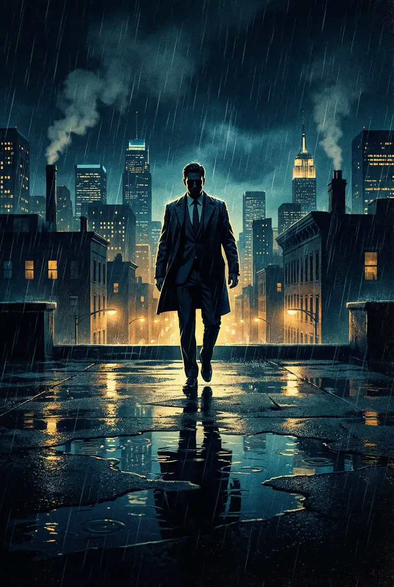厕所偷拍网站 出品影片《雨夜独行者》海报，雨中城市屋顶男性剪影